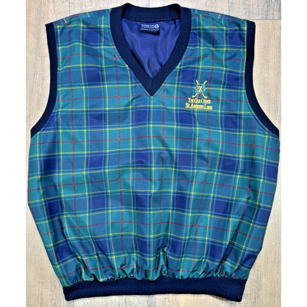 Sunderland Scotland St Andrews Links Golf Vest Navy Tartan Plaid Full Zip Sz L